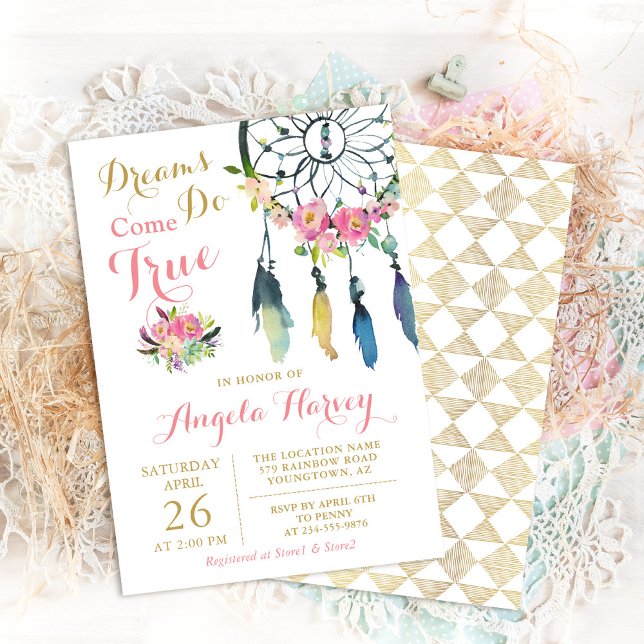 Boho Floral Dream Catcher Pink & Gold Baby Shower Invitation (Creator Uploaded)