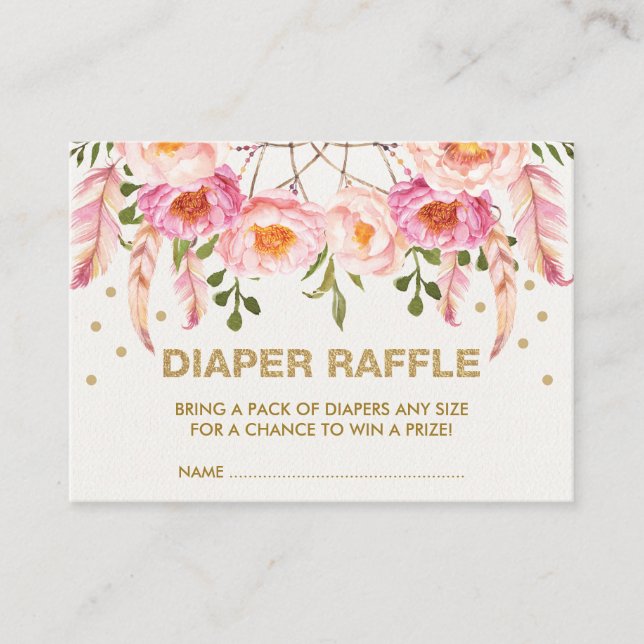 Boho Floral Dreamcatcher Pink Gold Diaper Raffle Enclosure Card (Front)