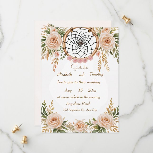Boho Floral Dreamcatcher Save the Date Card (Front/Back In Situ)