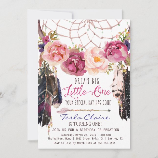 Boho Floral Dreamcatcher Watercolor First Birthday Invitation (Front)