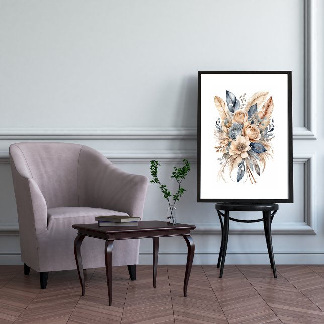 Boho Floral Dusty Blue Beige Watercolor Flowers Poster (Boho Floral Botanical Feathers Wall Art, Watercolor Art print poster, Dusty Blue Beige Neutral Color)