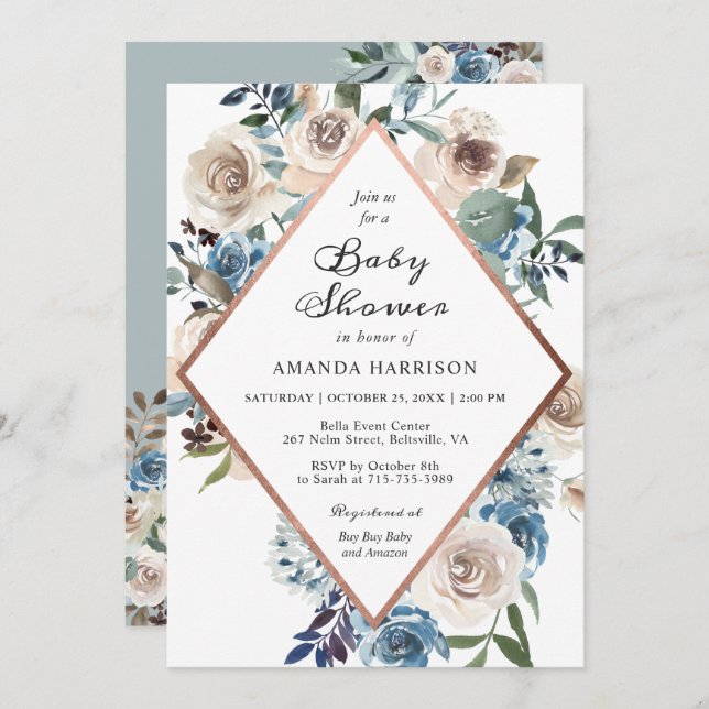 Boho Floral Dusty Blue Rose Gold Baby Shower Invitation (Front/Back)