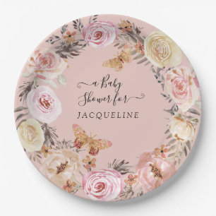 Boho Floral Dusty Blush Pink Modern Baby Shower Paper Plate