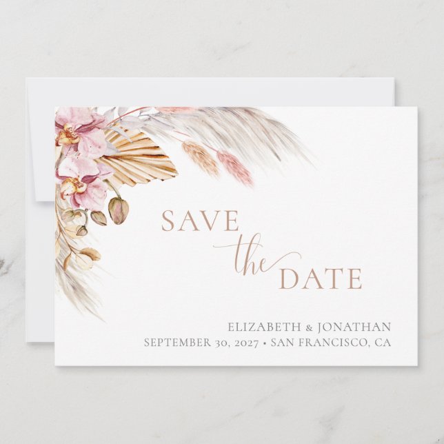 Boho Floral Dusty Pink Elegant Save the Date Card (Front)
