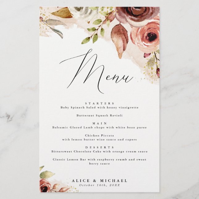 Boho Floral Earthy Flowers Event Dinner Paper Menu (Front)