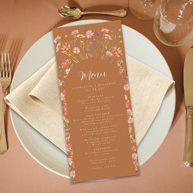 Boho Floral Elegant Arch Terracotta Fall Wedding Menu (Elegant terracotta boho floral arch fall wedding menu modern script watercolor wildflowers)
