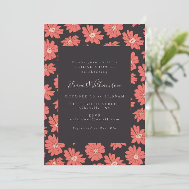Boho Floral Elegant Black Red Bridal Shower Invitation (Standing Front)