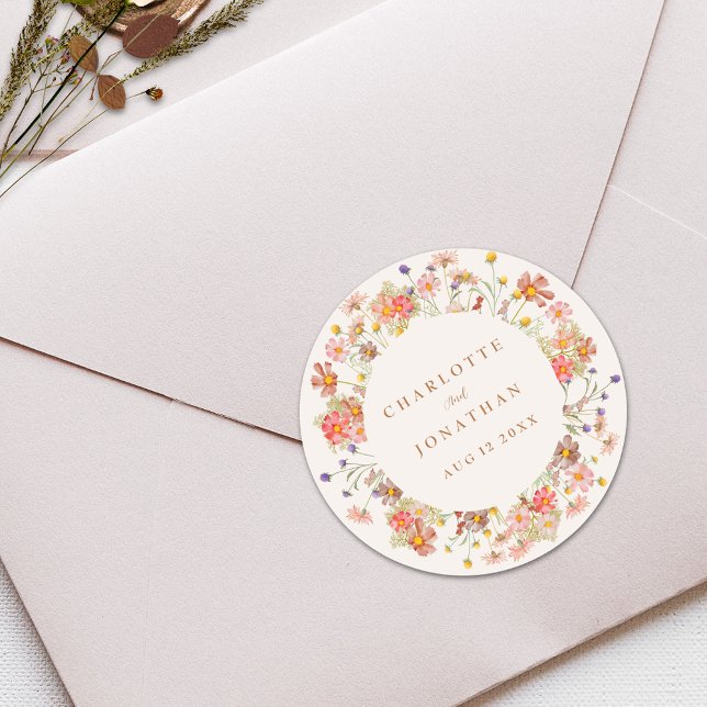 Boho Floral Elegant Fall Wedding Classic Round Sticker (Boho rustic floral fall custom wedding stickers Watercolor wildflowers elegant modern beige cream)