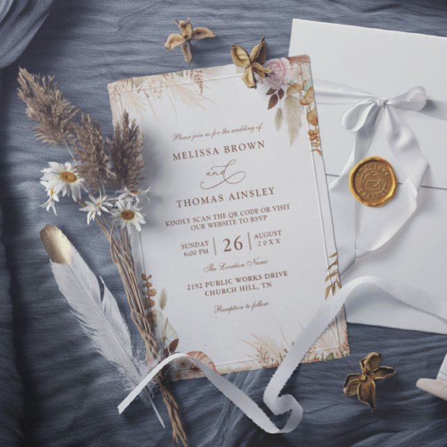 Boho Floral Elegant Modern Budget QR Code Wedding Invitation (Creator Uploaded)