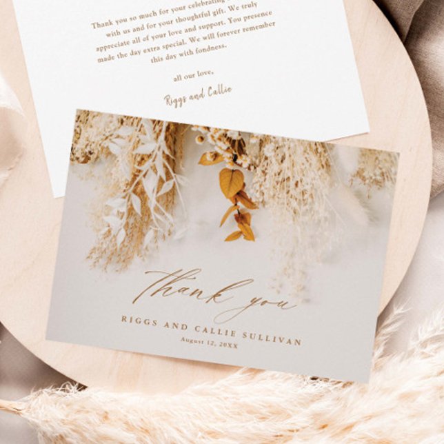 Boho Floral Elegant Script Wedding Thank You Card (Elegant dried floral boho script wedding thank you cards.)