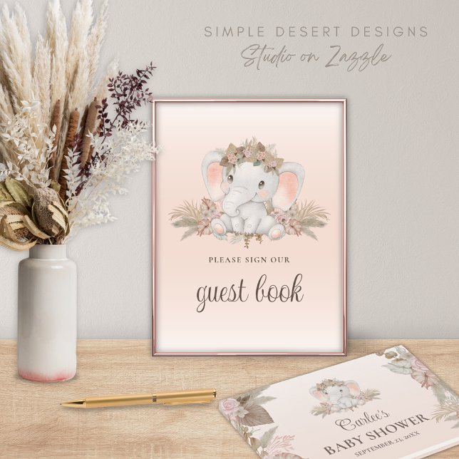 Boho Floral Elephant Baby Shower Guest Book Sign (Boho Baby Shower Guest Book Sign with Cute Elephant and Bohemian Gender Neutral Floral Pampas Grass)