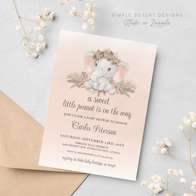 Boho Floral Elephant Baby Shower Invitation (Blush Pink Boho Floral Elephant Baby Shower Invitation for Gender Neutral Boy or Girl Baby Shower)