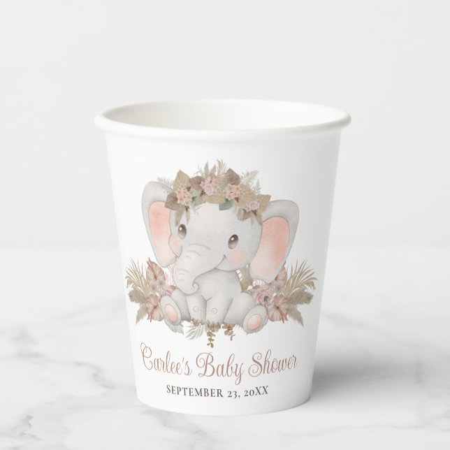 Boho Floral Elephant Gender Neutral Baby Shower Paper Cups (Front)