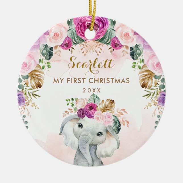 Boho Floral Elephant Girl Baby 1st Christmas Ceramic Tree Decoration (Front)