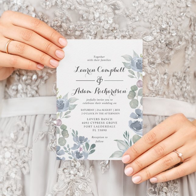Boho Floral & Eucalyptus Dusty Blue Wedding  Invitation (Creator Uploaded)
