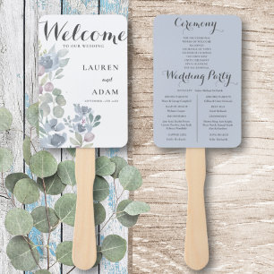 Boho Floral Eucalyptus Dusty Blue Wedding Program Hand Fan