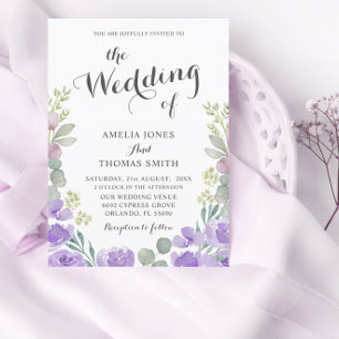 Boho Floral Eucalyptus Purple Wedding Invitation