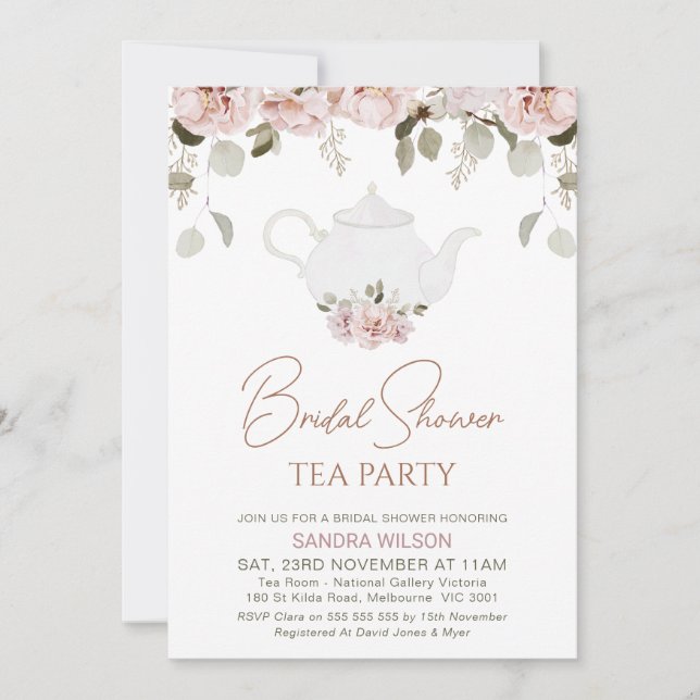 Boho Floral Eucalyptus Tea Party Bridal Shower Invitation (Front)