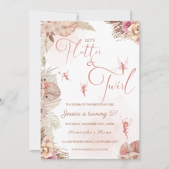 Boho Floral Fairies Birthday Party Invitation (Front)