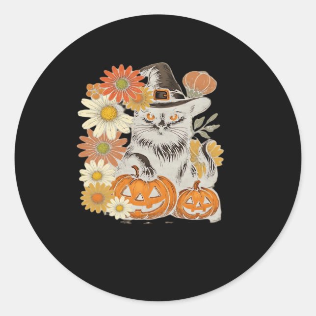 Boho Floral Fall Black Cat Halloween Essential T-S Classic Round Sticker (Front)