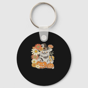 Boho Floral Fall Black Cat Halloween Essential T-S Key Ring