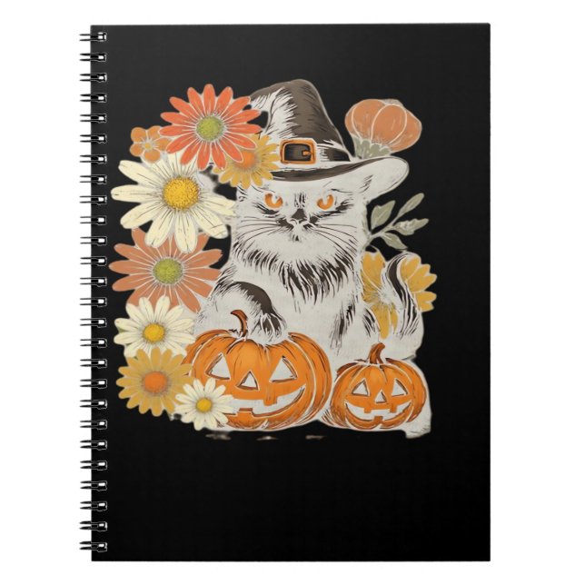 Boho Floral Fall Black Cat Halloween Essential T-S Notebook (Front)