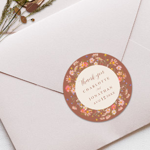 Boho Floral Fall Burnt Orange Wedding Thank You  Classic Round Sticker