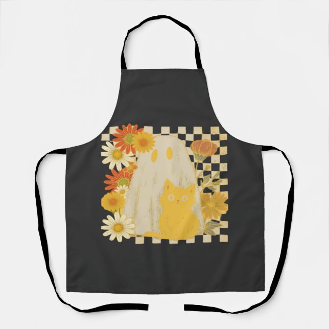 Boho Floral Fall Ghost and Black Cat Halloween Fal Apron (Front)