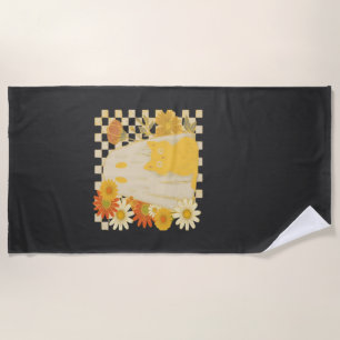 Boho Floral Fall Ghost and Black Cat Halloween Fal Beach Towel