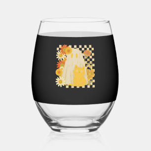 Boho Floral Fall Ghost and Black Cat Halloween Fal Stemless Wine Glass