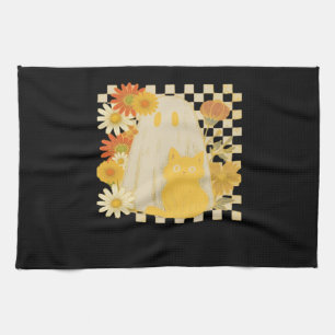 Boho Floral Fall Ghost and Black Cat Halloween Fal Tea Towel