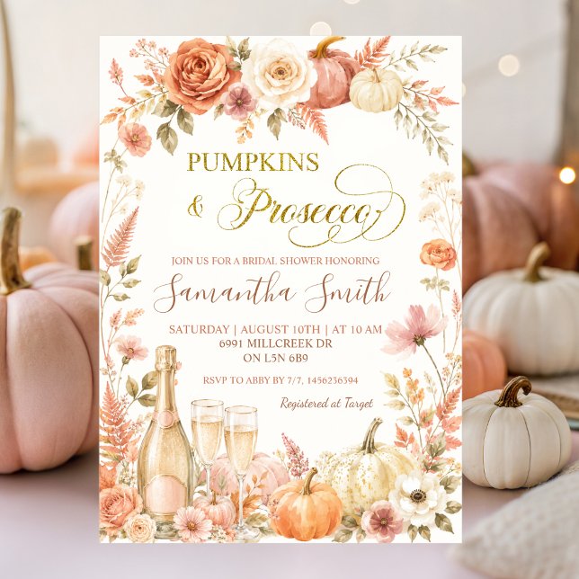 Boho Floral Fall Pumpkin and Prosecco Bridal Invitation (Creator Uploaded)