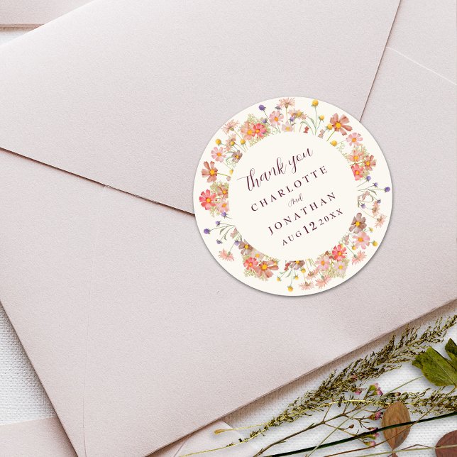 Boho Floral Fall Wedding Thank You Classic Round Sticker (Boho fall rustic Wildflower floral ivory cream and burgundy script Wedding thank you stickers )