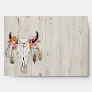 Boho Floral Feather Antler Rustic Wood Envelope