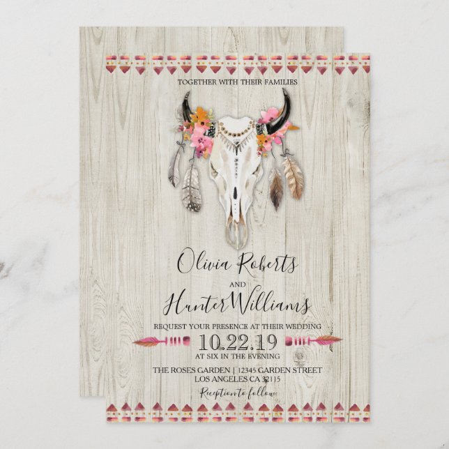 Boho Floral Feather Antlers Cow Skull Wood Wedding Invitation (Front/Back)