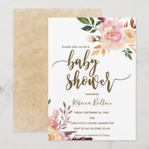 boho floral feather modern baby shower invite