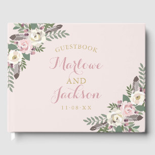 Boho Floral Feather Pink Wedding Monogram Guest Book