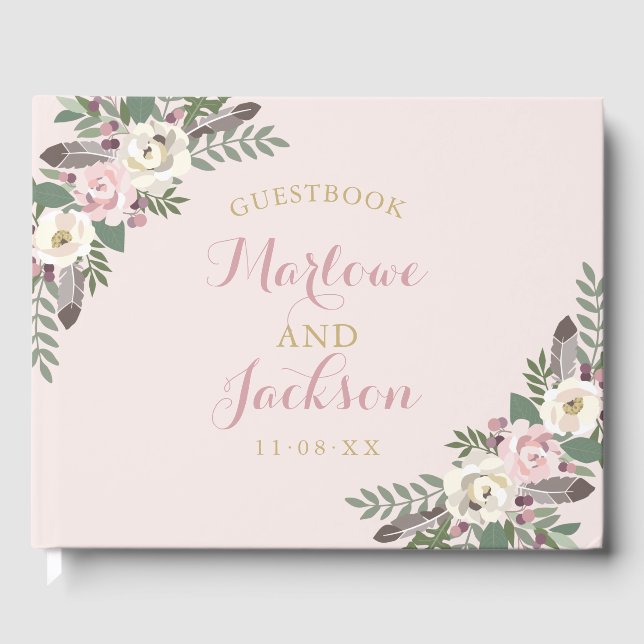 Boho Floral Feather Pink Wedding Monogram Guest Book (Front)