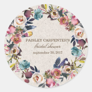 Boho Floral Feather Rustic Shower Sticker, Favour Classic Round Sticker