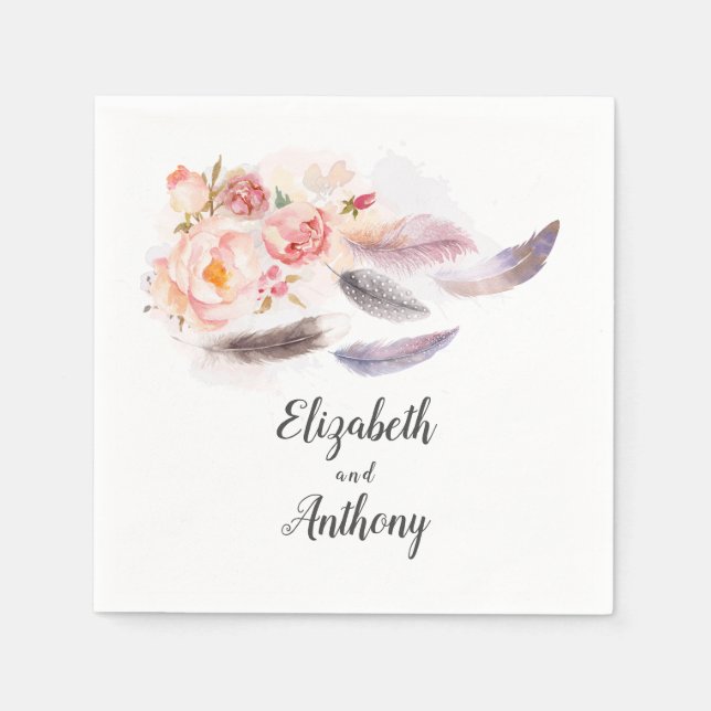 Boho Floral Feathers Napkin (Front)