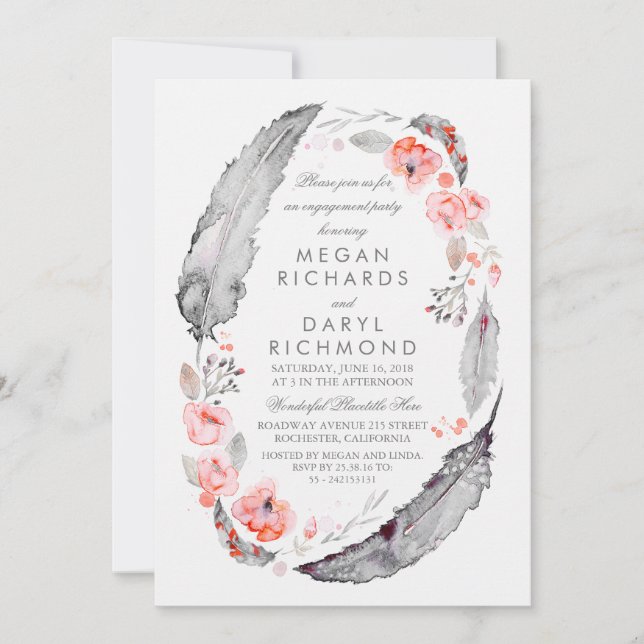 Boho Floral Feathers Vintage Engagement Party Invitation (Front)