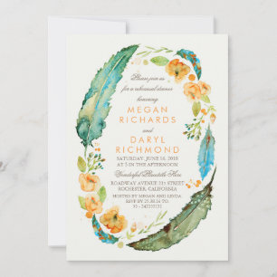 Boho Floral Feathers Vintage Teal Rehearsal Dinner Invitation