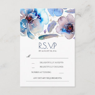 Boho Floral Feathers Watercolor Blue RSVP Card