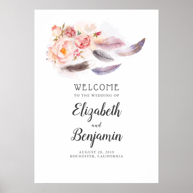 Boho Floral Feathers Wedding Welcome Sign (Front)