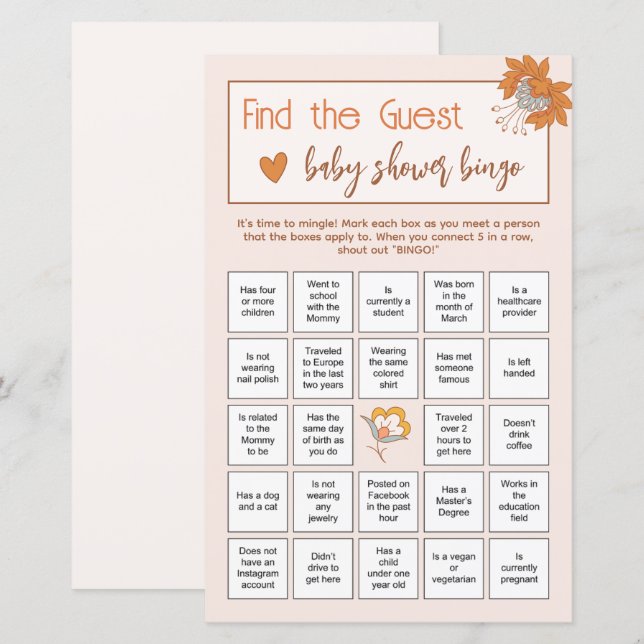Boho Floral Find the Guest Baby Shower Ice Breaker (Front/Back)