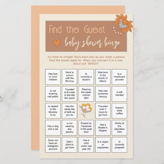 Boho Floral Find the Guest Baby Shower Ice Breaker (Front/Back)