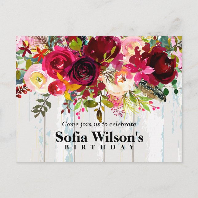boho floral, flower birthday Postcard invitation (Front)