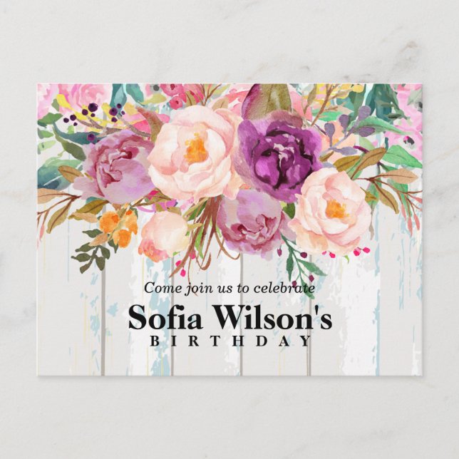 boho floral, flower birthday Postcard invitation (Front)