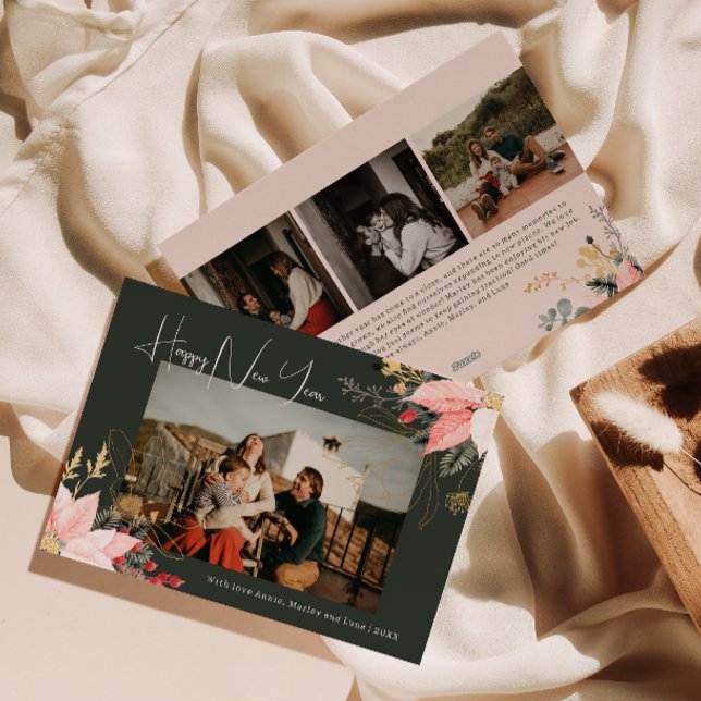 Boho Floral Four Photo Happy New Year Holiday Card (Creator Uploaded)