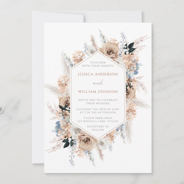 Boho Floral Frame Dusty Blue Wedding Invitation (Front)
